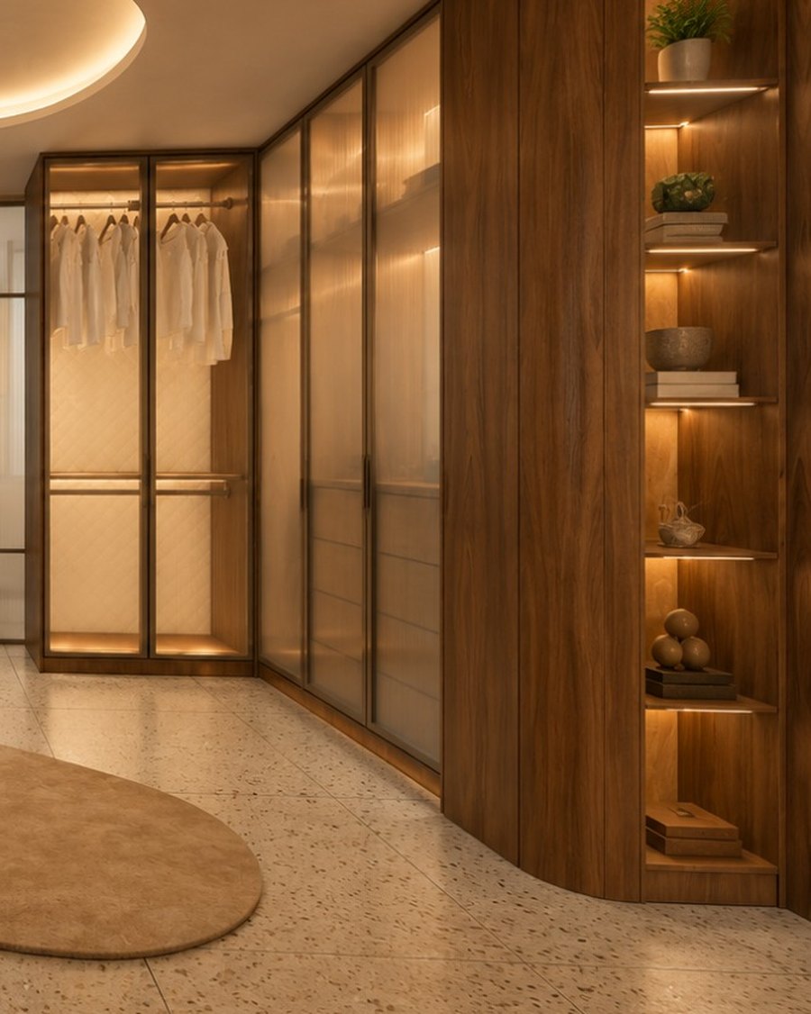 Closet em Freijó com portas de vidro acidato